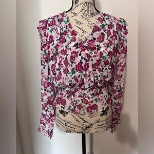 MISA Los Angeles Floral Ruffle Surplice Blouse Smocked Waist Berry Pink Small